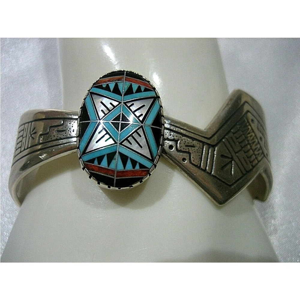 RMT RODERICK TENORIO RELIOS STERLING SILVER .925 INLAY MULTI STONE CUFF BRACELET